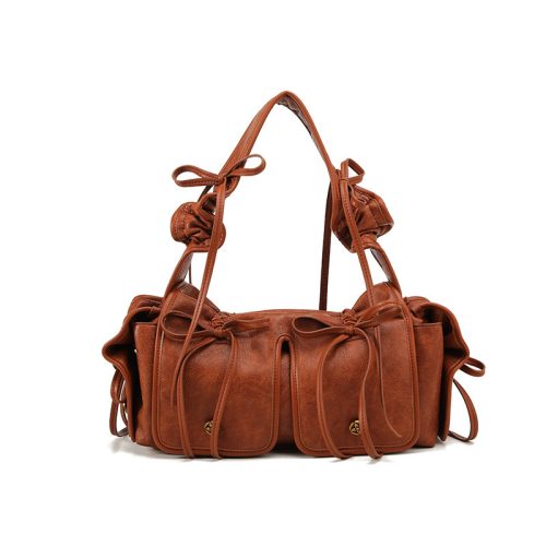 レトロプリーツ多ポケット大容量ショルダーバッグ